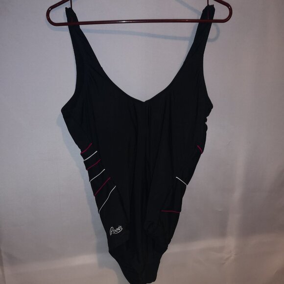 Roots Ladies Size 16 Black with Pink & White Stripes 1 Piece Bathing Suit - Picture 2 of 7